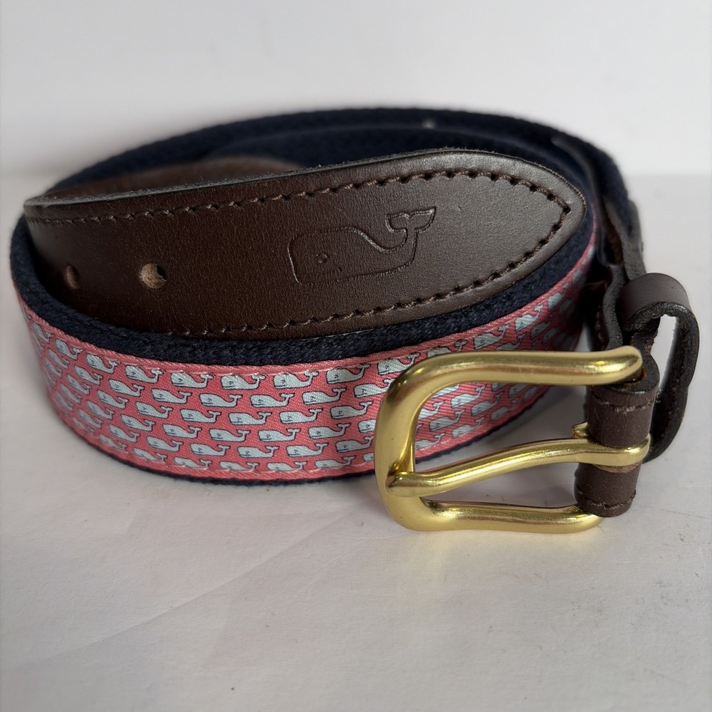 Vineyard Vines Boys' Classic Whale Canvas Club Belt Leather Pink 24 Brass Buckle